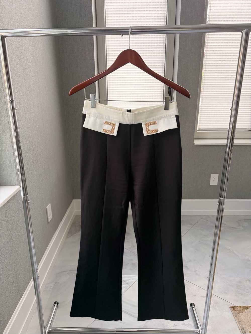 SMF Black Wide Leg Pants with White Waistband & Gold Hardware EUR S / UK 8
